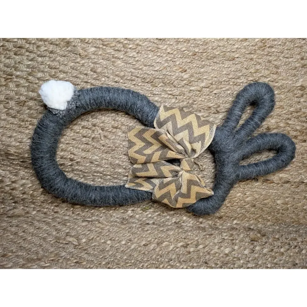Easter Bunny Shaped Holiday Gray Wreath Brown Ribbon Bow Door Decor 26